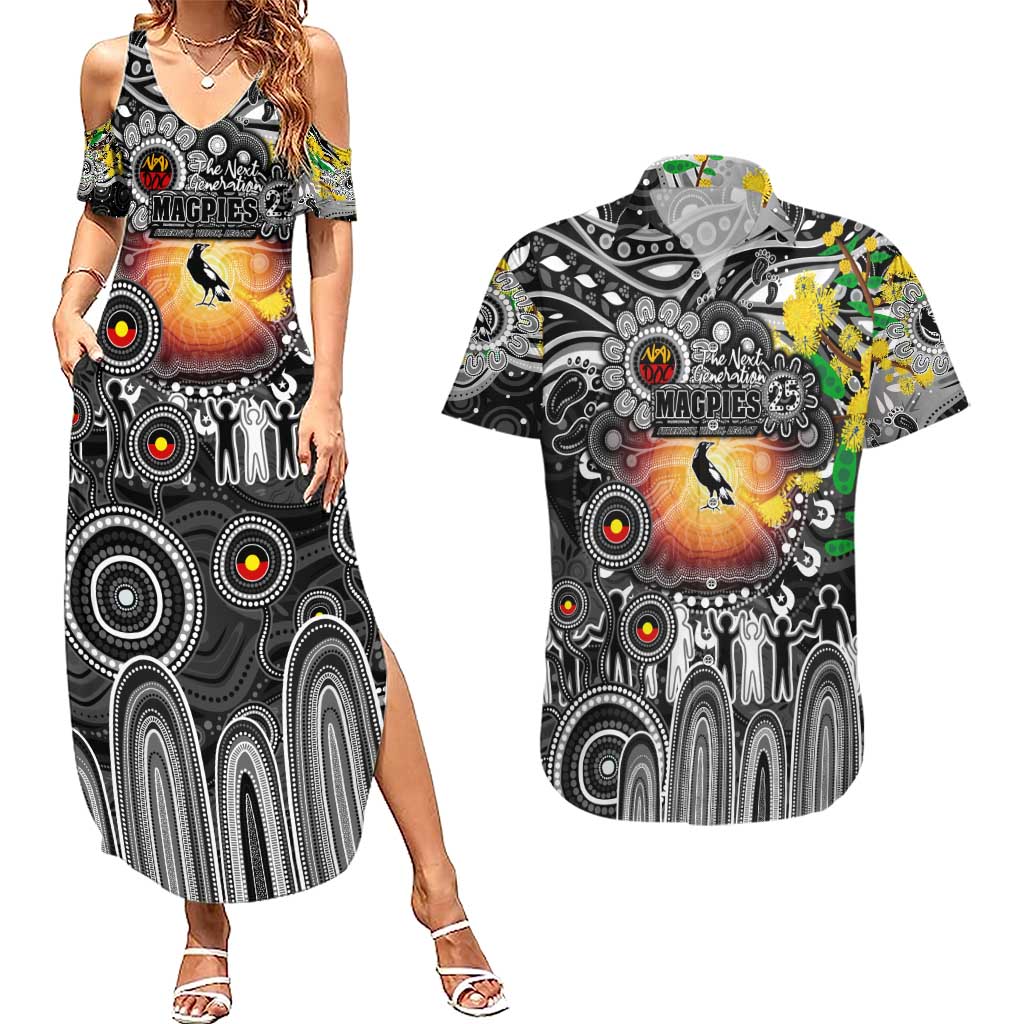 Personalised NAIDOC Week 2025 Magpies Football Couples Matching Summer Maxi Dress and Hawaiian Shirt Aboriginal Dot Painting