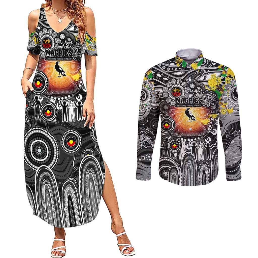 Personalised NAIDOC Week 2025 Magpies Football Couples Matching Summer Maxi Dress and Long Sleeve Button Shirt Aboriginal Dot Painting