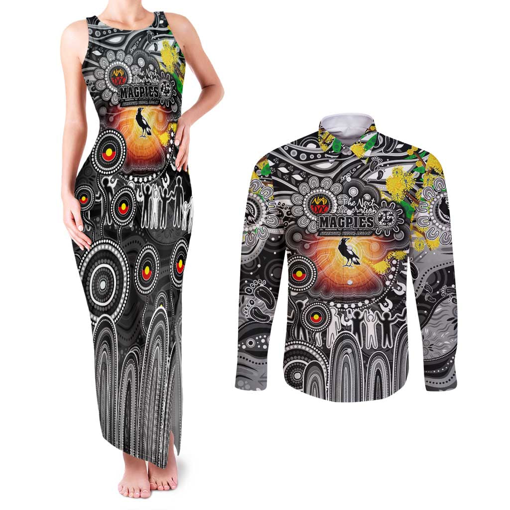 Personalised NAIDOC Week 2025 Magpies Football Couples Matching Tank Maxi Dress and Long Sleeve Button Shirt Aboriginal Dot Painting