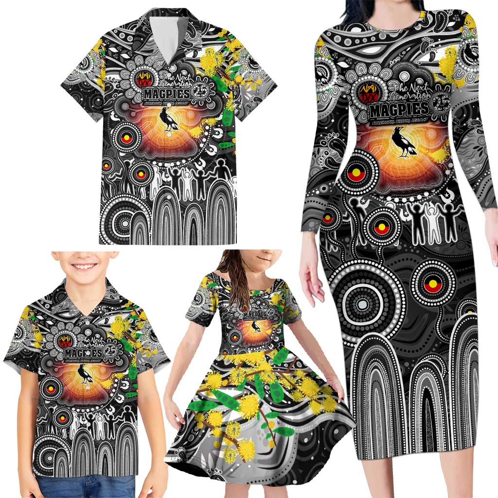 Personalised NAIDOC Week 2025 Magpies Football Family Matching Long Sleeve Bodycon Dress and Hawaiian Shirt Aboriginal Dot Painting
