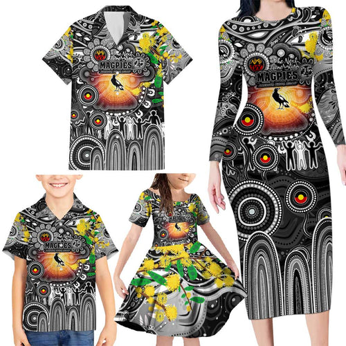 Personalised NAIDOC Week 2025 Magpies Football Family Matching Long Sleeve Bodycon Dress and Hawaiian Shirt Aboriginal Dot Painting