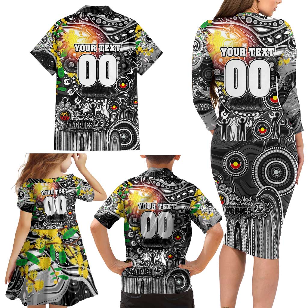 Personalised NAIDOC Week 2025 Magpies Football Family Matching Long Sleeve Bodycon Dress and Hawaiian Shirt Aboriginal Dot Painting