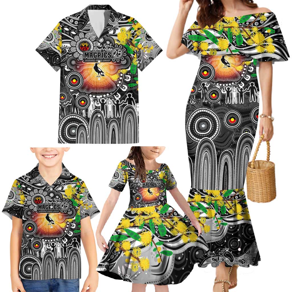 Personalised NAIDOC Week 2025 Magpies Football Family Matching Mermaid Dress and Hawaiian Shirt Aboriginal Dot Painting