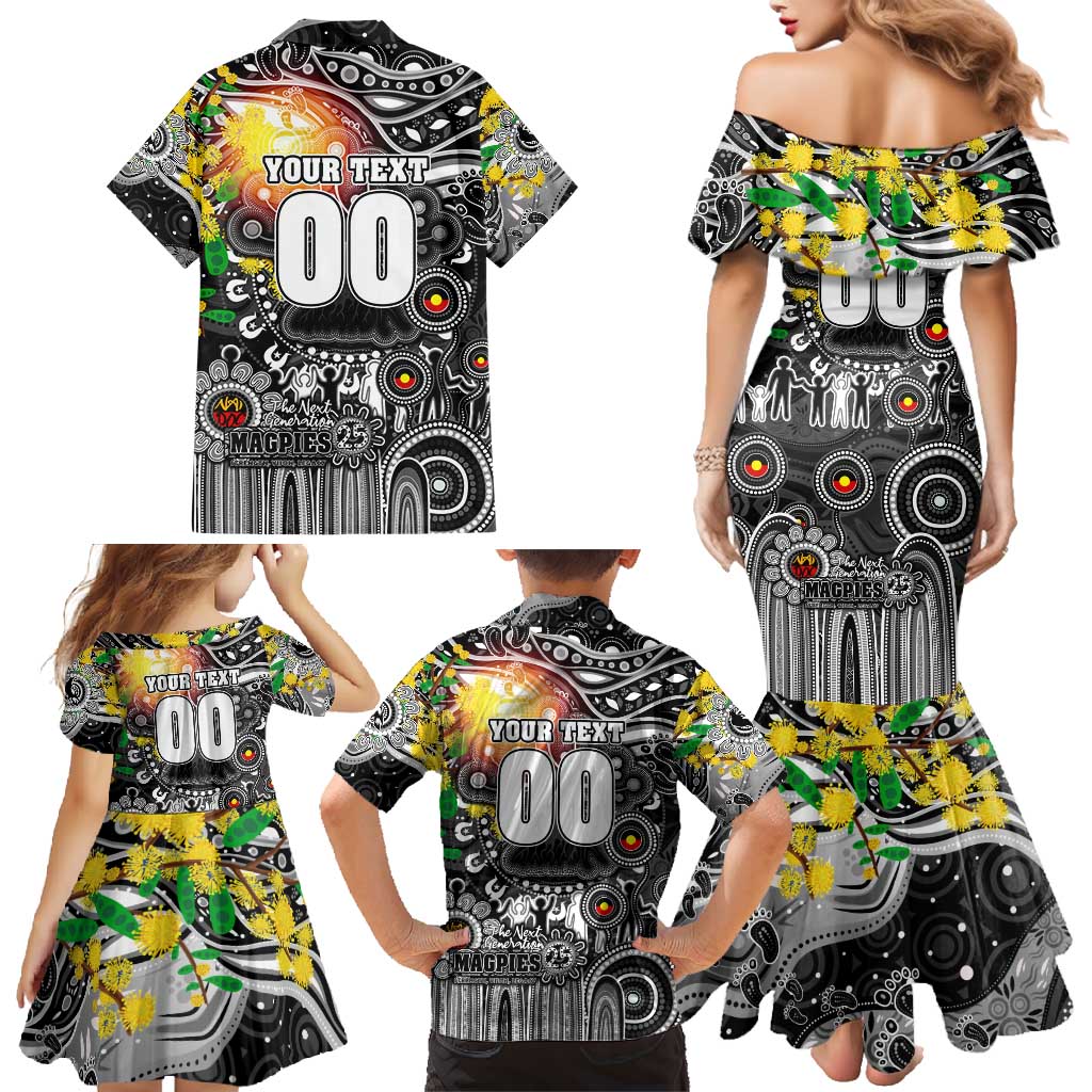 Personalised NAIDOC Week 2025 Magpies Football Family Matching Mermaid Dress and Hawaiian Shirt Aboriginal Dot Painting