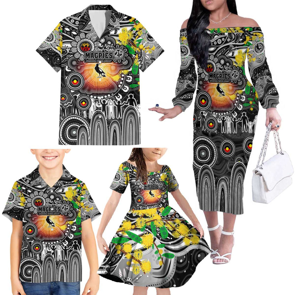 Personalised NAIDOC Week 2025 Magpies Football Family Matching Off The Shoulder Long Sleeve Dress and Hawaiian Shirt Aboriginal Dot Painting