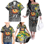 Personalised NAIDOC Week 2025 Magpies Football Family Matching Off The Shoulder Long Sleeve Dress and Hawaiian Shirt Aboriginal Dot Painting