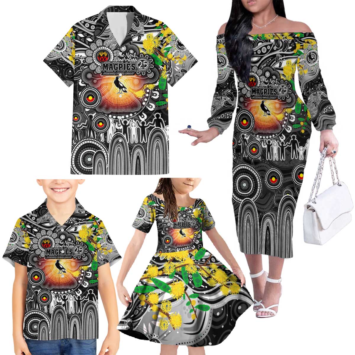 Personalised NAIDOC Week 2025 Magpies Football Family Matching Off The Shoulder Long Sleeve Dress and Hawaiian Shirt Aboriginal Dot Painting