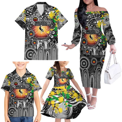 Personalised NAIDOC Week 2025 Magpies Football Family Matching Off The Shoulder Long Sleeve Dress and Hawaiian Shirt Aboriginal Dot Painting