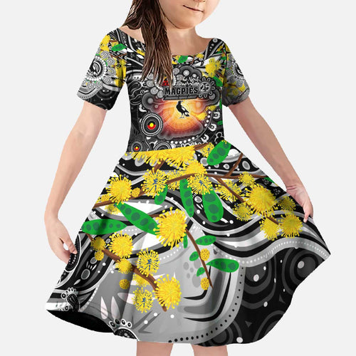 Personalised NAIDOC Week 2025 Magpies Football Family Matching Off The Shoulder Long Sleeve Dress and Hawaiian Shirt Aboriginal Dot Painting