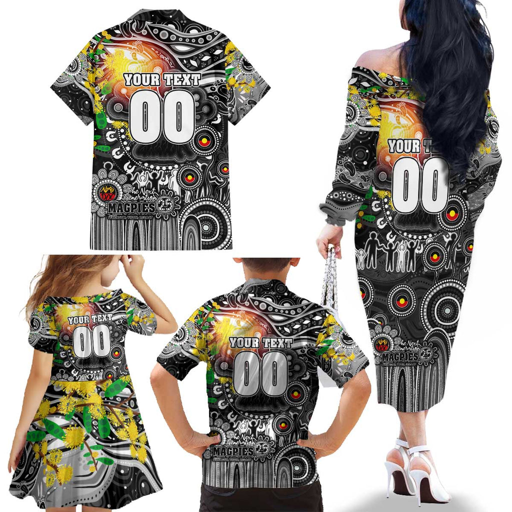 Personalised NAIDOC Week 2025 Magpies Football Family Matching Off The Shoulder Long Sleeve Dress and Hawaiian Shirt Aboriginal Dot Painting