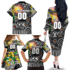 Personalised NAIDOC Week 2025 Magpies Football Family Matching Off The Shoulder Long Sleeve Dress and Hawaiian Shirt Aboriginal Dot Painting
