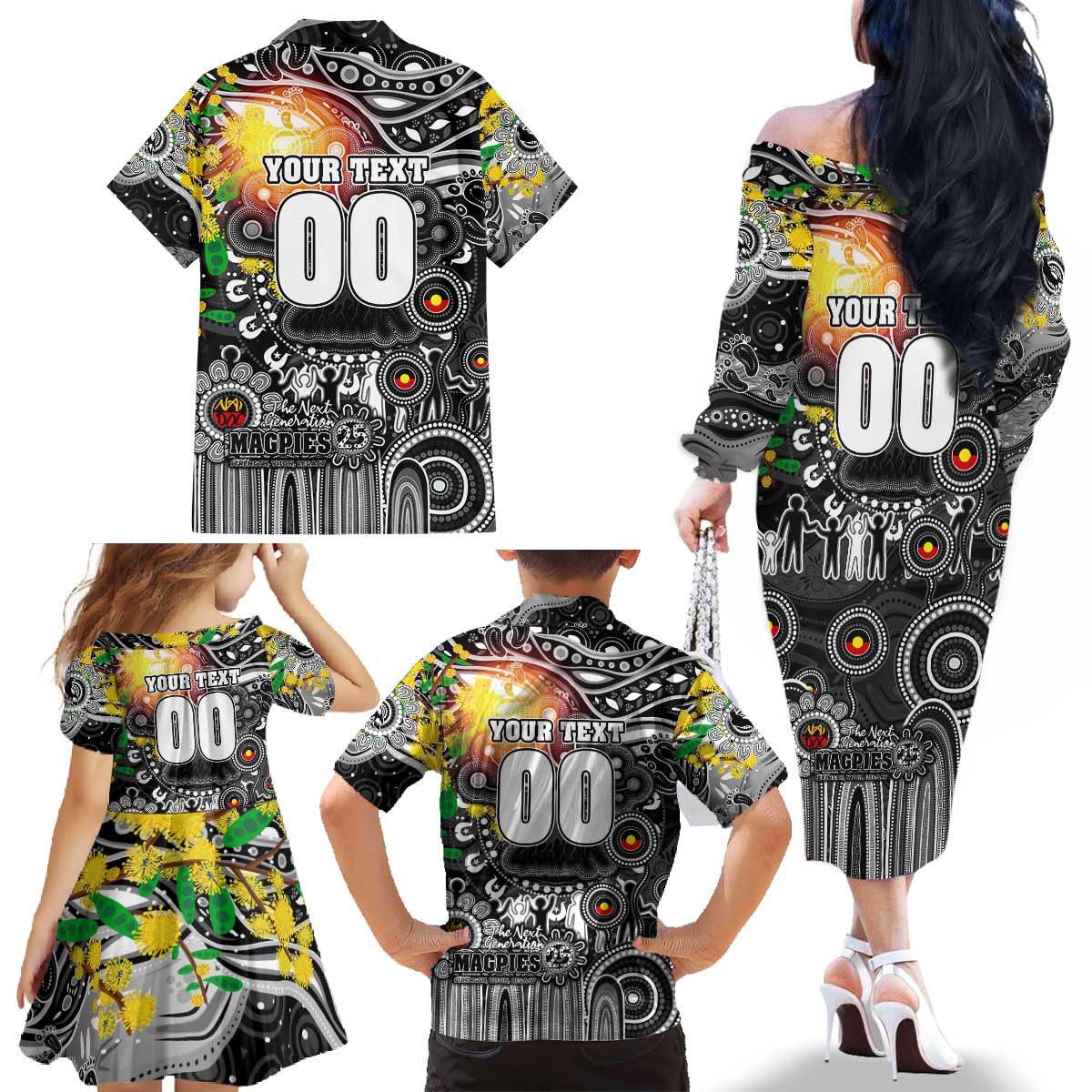 Personalised NAIDOC Week 2025 Magpies Football Family Matching Off The Shoulder Long Sleeve Dress and Hawaiian Shirt Aboriginal Dot Painting