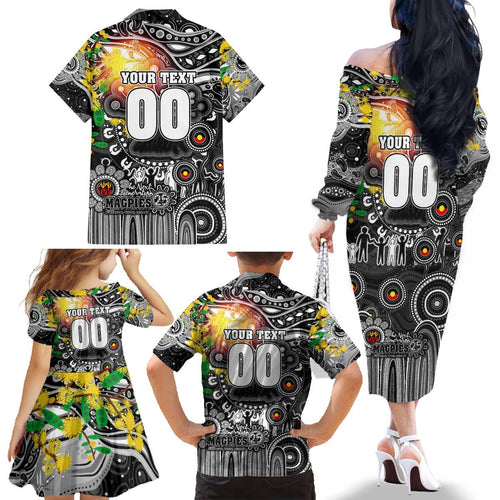Personalised NAIDOC Week 2025 Magpies Football Family Matching Off The Shoulder Long Sleeve Dress and Hawaiian Shirt Aboriginal Dot Painting
