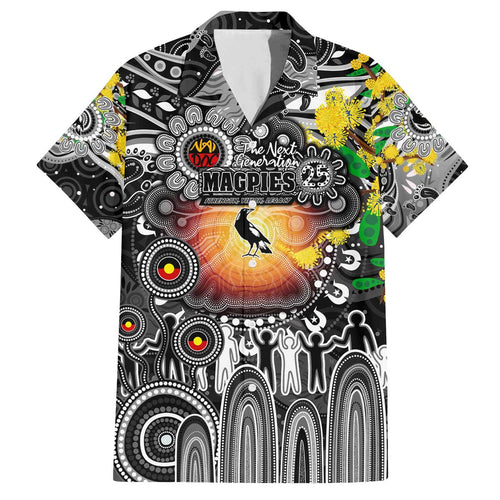 Personalised NAIDOC Week 2025 Magpies Football Family Matching Off The Shoulder Long Sleeve Dress and Hawaiian Shirt Aboriginal Dot Painting