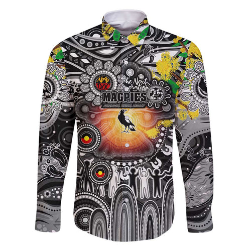 Personalised NAIDOC Week 2025 Magpies Football Family Matching Off The Shoulder Long Sleeve Dress and Hawaiian Shirt Aboriginal Dot Painting