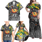 Personalised NAIDOC Week 2025 Magpies Football Family Matching Off Shoulder Maxi Dress and Hawaiian Shirt Aboriginal Dot Painting