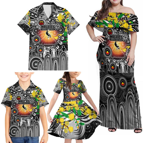 Personalised NAIDOC Week 2025 Magpies Football Family Matching Off Shoulder Maxi Dress and Hawaiian Shirt Aboriginal Dot Painting
