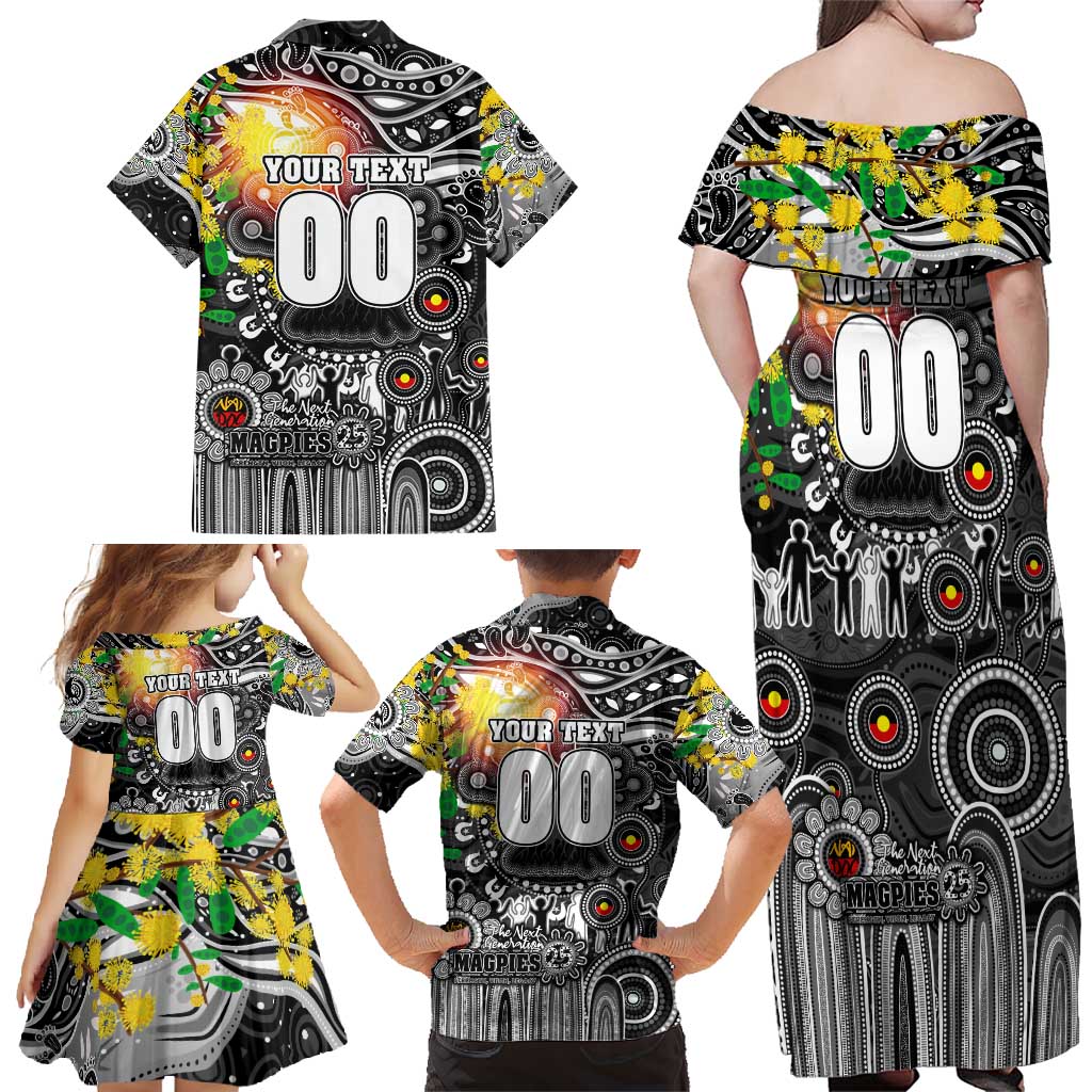 Personalised NAIDOC Week 2025 Magpies Football Family Matching Off Shoulder Maxi Dress and Hawaiian Shirt Aboriginal Dot Painting