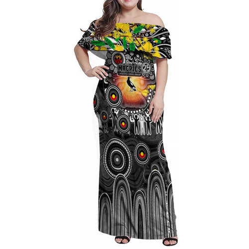 Personalised NAIDOC Week 2025 Magpies Football Family Matching Off Shoulder Maxi Dress and Hawaiian Shirt Aboriginal Dot Painting