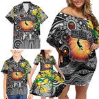 Personalised NAIDOC Week 2025 Magpies Football Family Matching Off Shoulder Short Dress and Hawaiian Shirt Aboriginal Dot Painting