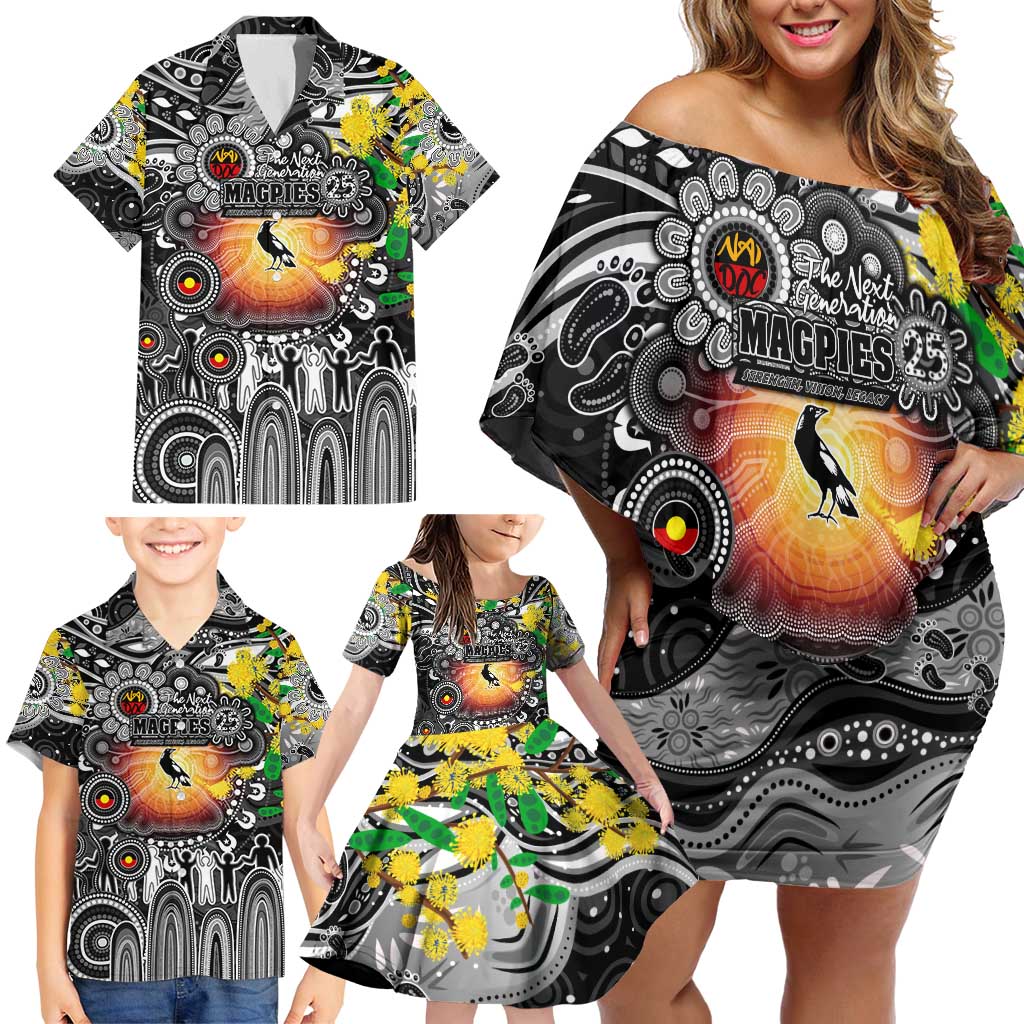 Personalised NAIDOC Week 2025 Magpies Football Family Matching Off Shoulder Short Dress and Hawaiian Shirt Aboriginal Dot Painting