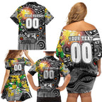 Personalised NAIDOC Week 2025 Magpies Football Family Matching Off Shoulder Short Dress and Hawaiian Shirt Aboriginal Dot Painting