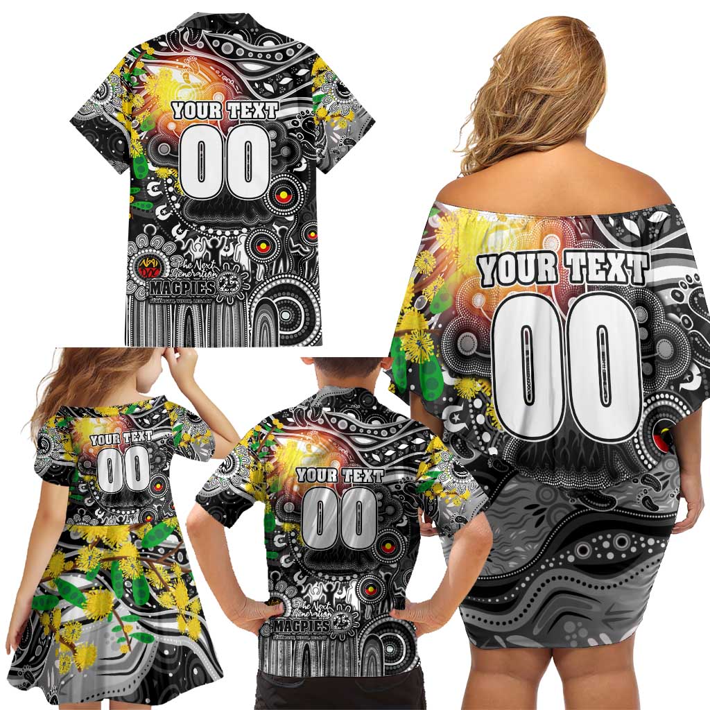 Personalised NAIDOC Week 2025 Magpies Football Family Matching Off Shoulder Short Dress and Hawaiian Shirt Aboriginal Dot Painting