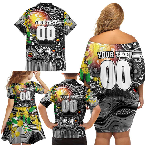 Personalised NAIDOC Week 2025 Magpies Football Family Matching Off Shoulder Short Dress and Hawaiian Shirt Aboriginal Dot Painting