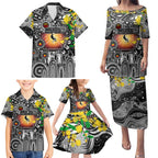 Personalised NAIDOC Week 2025 Magpies Football Family Matching Puletasi and Hawaiian Shirt Aboriginal Dot Painting