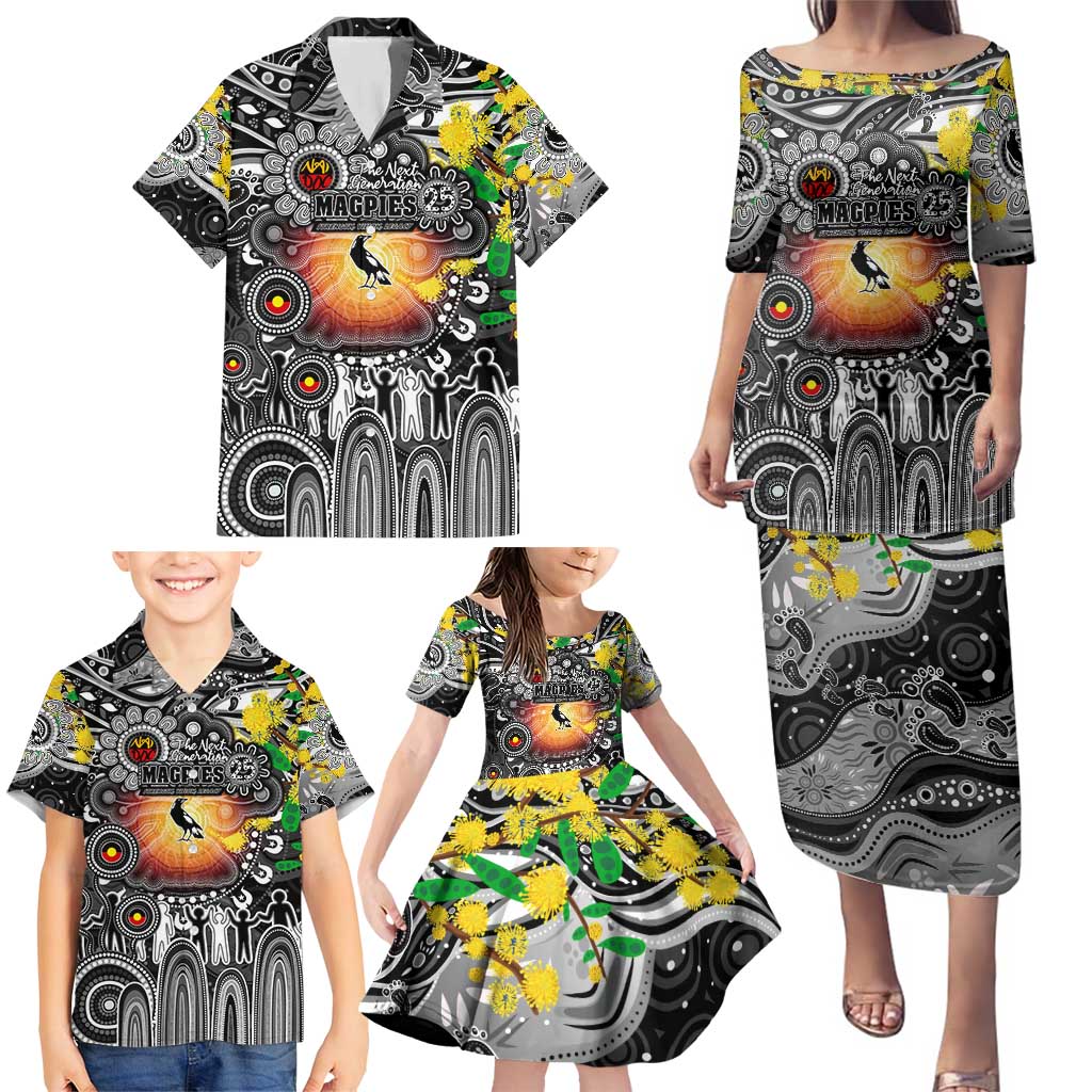 Personalised NAIDOC Week 2025 Magpies Football Family Matching Puletasi and Hawaiian Shirt Aboriginal Dot Painting