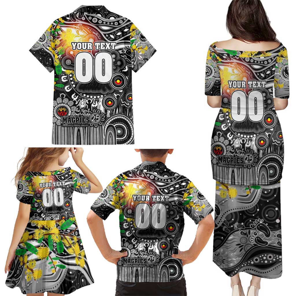 Personalised NAIDOC Week 2025 Magpies Football Family Matching Puletasi and Hawaiian Shirt Aboriginal Dot Painting
