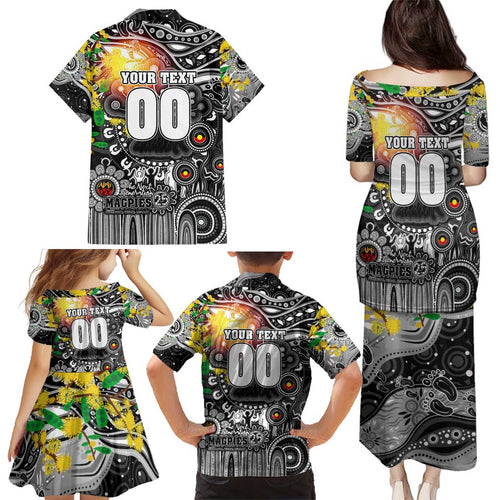 Personalised NAIDOC Week 2025 Magpies Football Family Matching Puletasi and Hawaiian Shirt Aboriginal Dot Painting