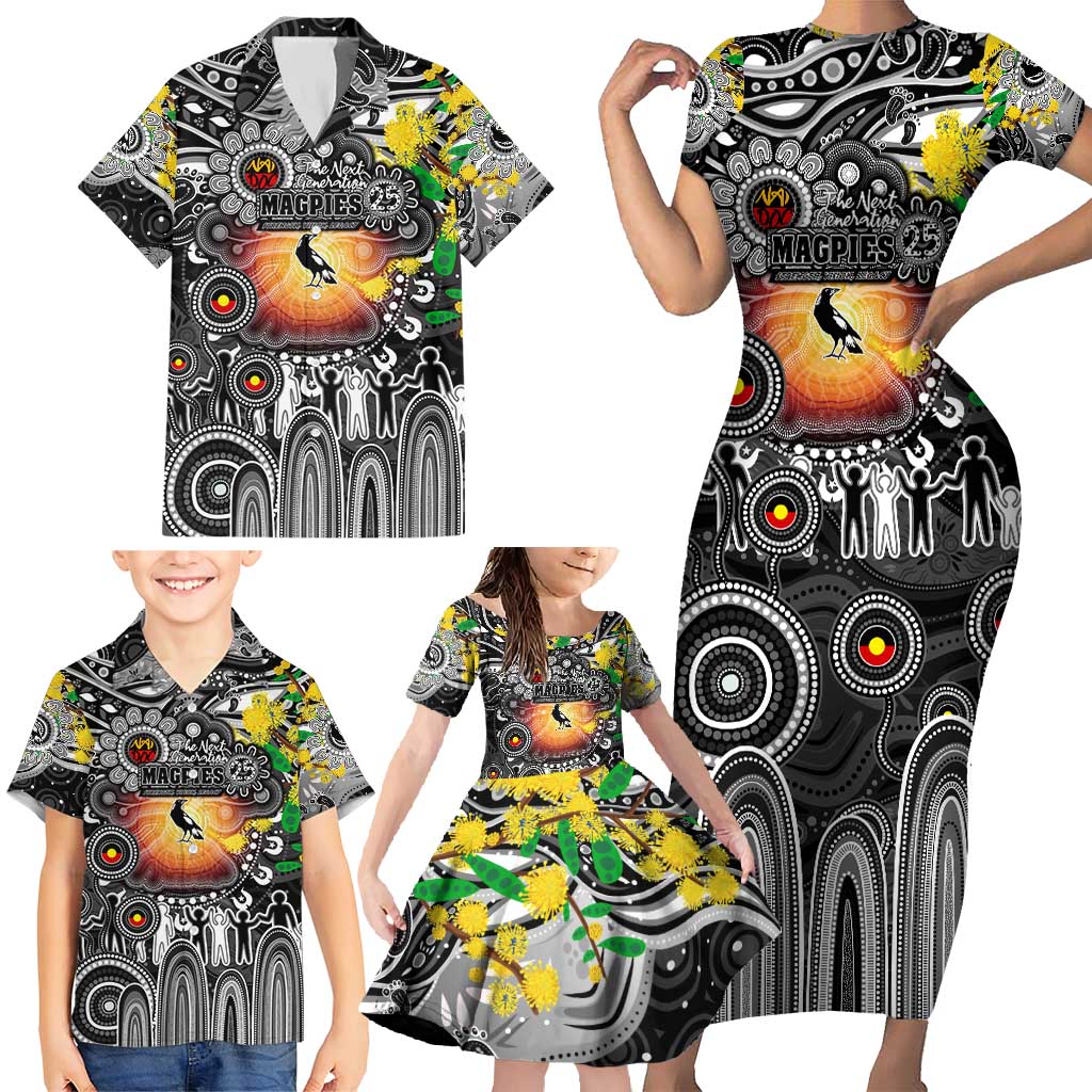 Personalised NAIDOC Week 2025 Magpies Football Family Matching Short Sleeve Bodycon Dress and Hawaiian Shirt Aboriginal Dot Painting
