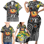 Personalised NAIDOC Week 2025 Magpies Football Family Matching Short Sleeve Bodycon Dress and Hawaiian Shirt Aboriginal Dot Painting