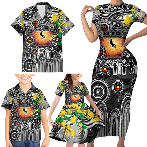 Personalised NAIDOC Week 2025 Magpies Football Family Matching Short Sleeve Bodycon Dress and Hawaiian Shirt Aboriginal Dot Painting