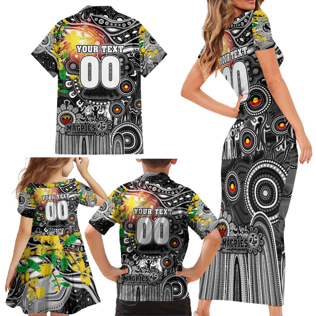 Personalised NAIDOC Week 2025 Magpies Football Family Matching Short Sleeve Bodycon Dress and Hawaiian Shirt Aboriginal Dot Painting