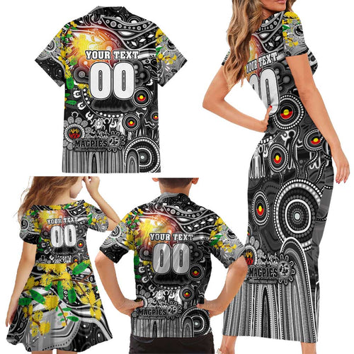 Personalised NAIDOC Week 2025 Magpies Football Family Matching Short Sleeve Bodycon Dress and Hawaiian Shirt Aboriginal Dot Painting