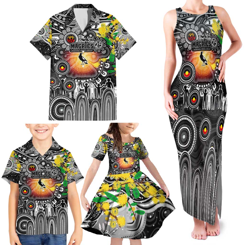 Personalised NAIDOC Week 2025 Magpies Football Family Matching Tank Maxi Dress and Hawaiian Shirt Aboriginal Dot Painting