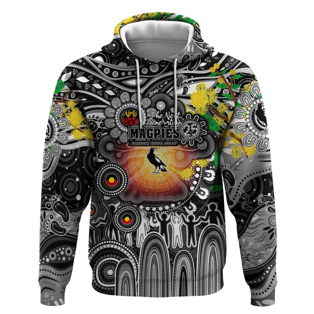Personalised NAIDOC Week 2025 Magpies Football Hoodie Aboriginal Dot Painting