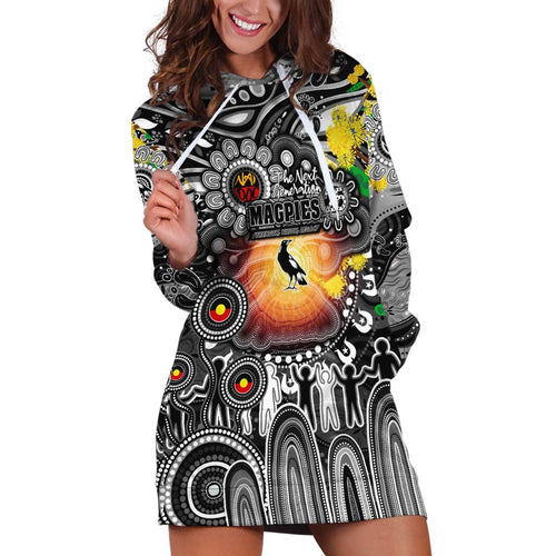 Personalised NAIDOC Week 2025 Magpies Football Hoodie Dress Aboriginal Dot Painting