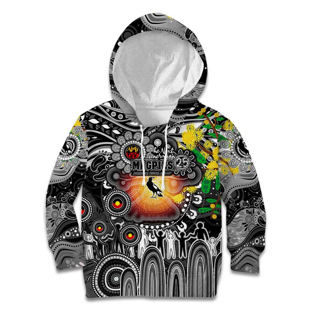 Personalised NAIDOC Week 2025 Magpies Football Kid Hoodie Aboriginal Dot Painting