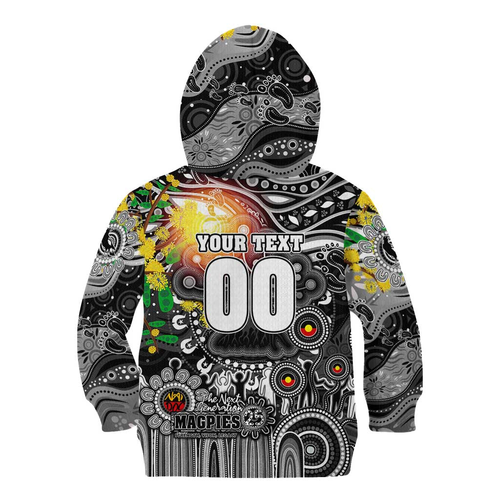 Personalised NAIDOC Week 2025 Magpies Football Kid Hoodie Aboriginal Dot Painting