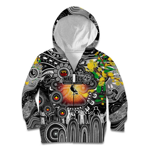 Personalised NAIDOC Week 2025 Magpies Football Kid Hoodie Aboriginal Dot Painting