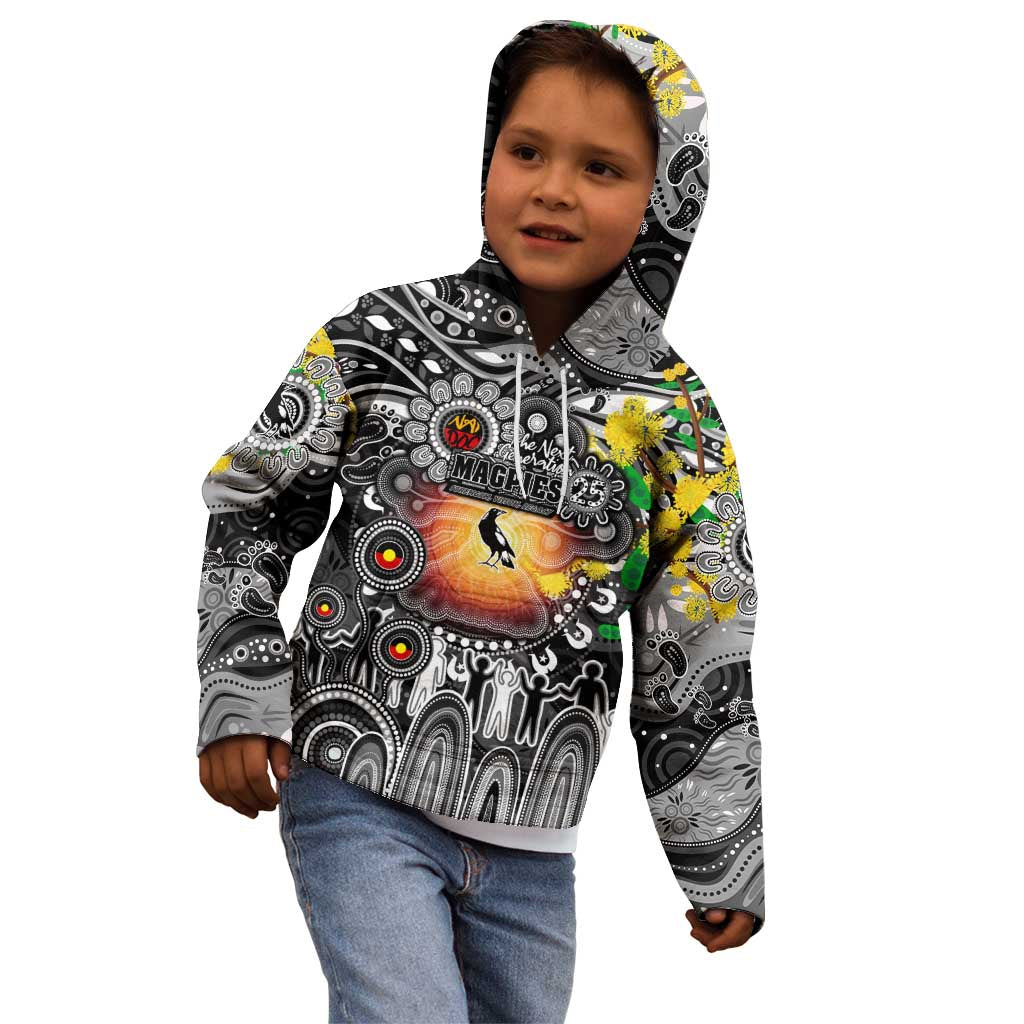 Personalised NAIDOC Week 2025 Magpies Football Kid Hoodie Aboriginal Dot Painting