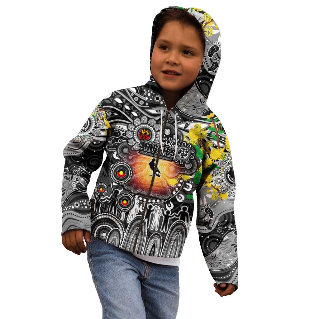 Personalised NAIDOC Week 2025 Magpies Football Kid Hoodie Aboriginal Dot Painting