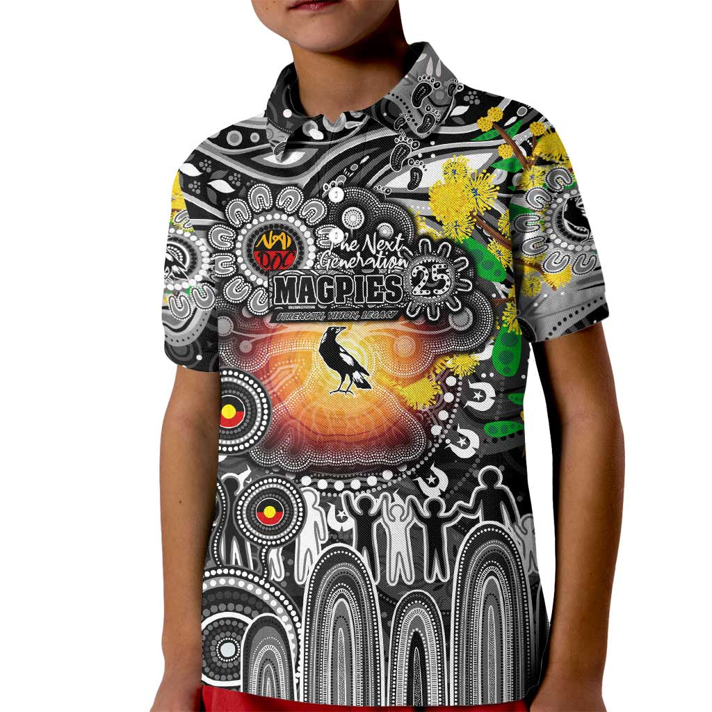 Personalised NAIDOC Week 2025 Magpies Football Kid Polo Shirt Aboriginal Dot Painting