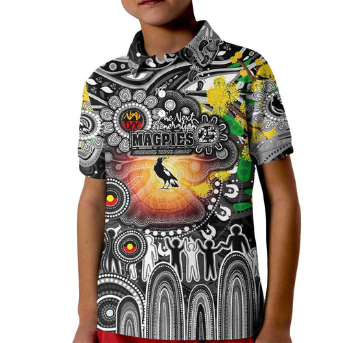 Personalised NAIDOC Week 2025 Magpies Football Kid Polo Shirt Aboriginal Dot Painting