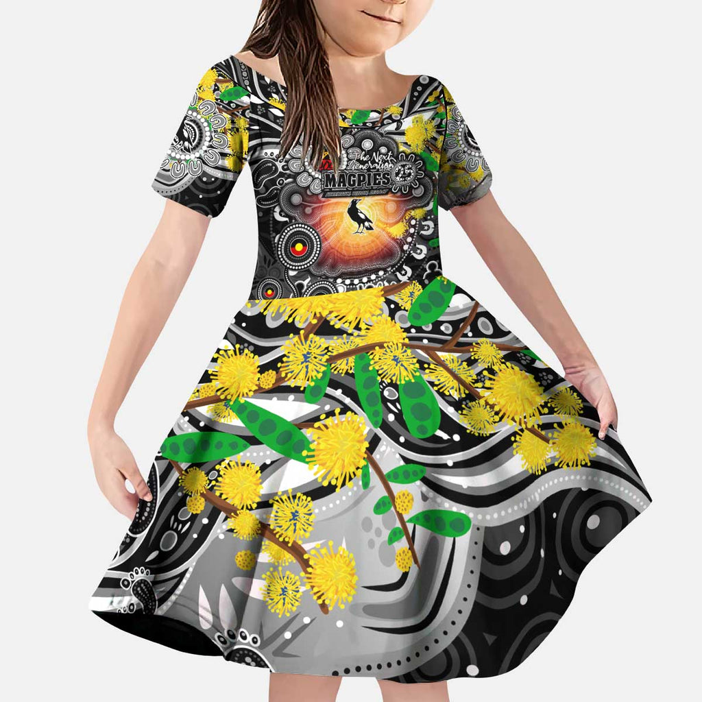 Personalised NAIDOC Week 2025 Magpies Football Kid Short Sleeve Dress Aboriginal Dot Painting