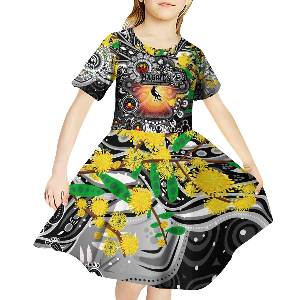 Personalised NAIDOC Week 2025 Magpies Football Kid Short Sleeve Dress Aboriginal Dot Painting