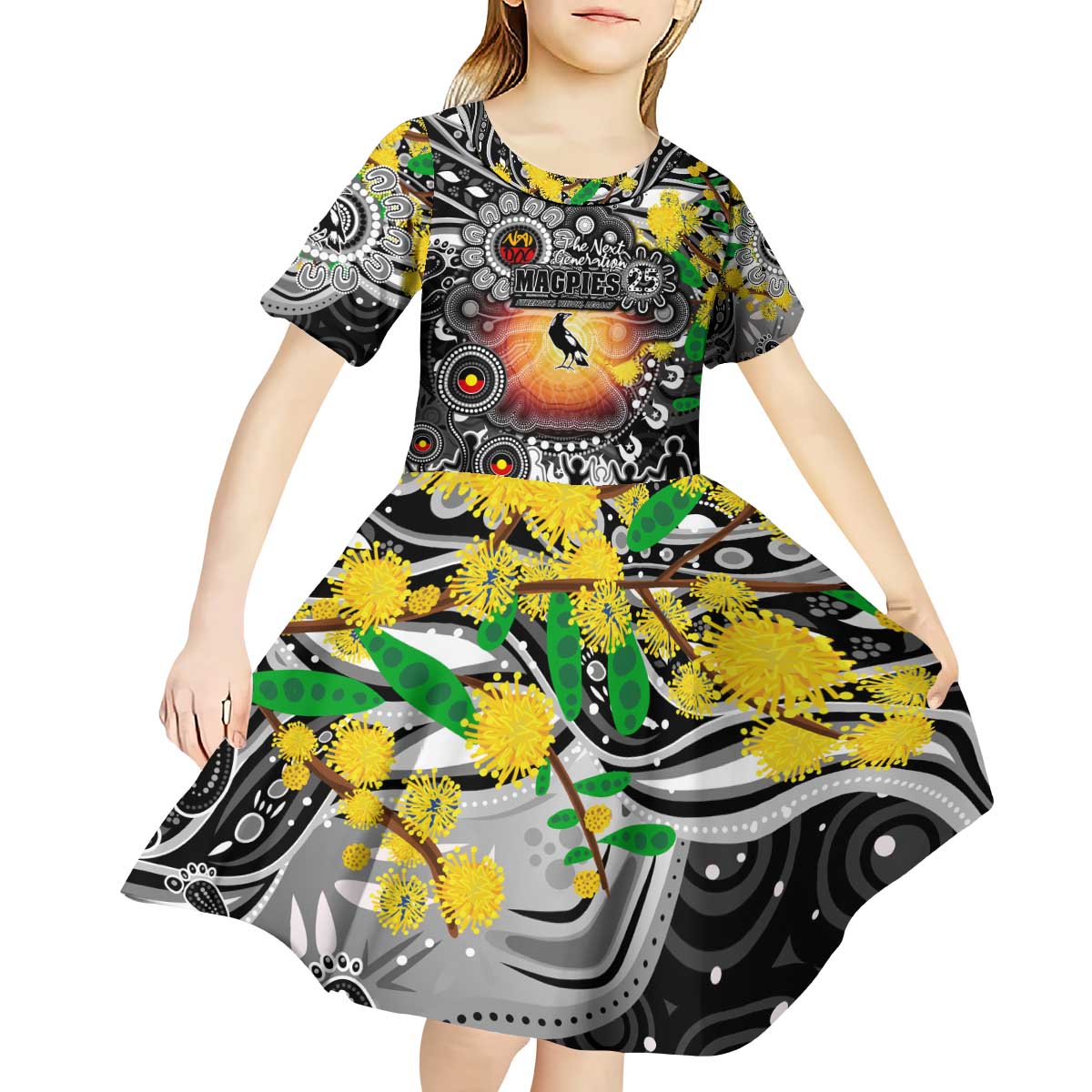 Personalised NAIDOC Week 2025 Magpies Football Kid Short Sleeve Dress Aboriginal Dot Painting